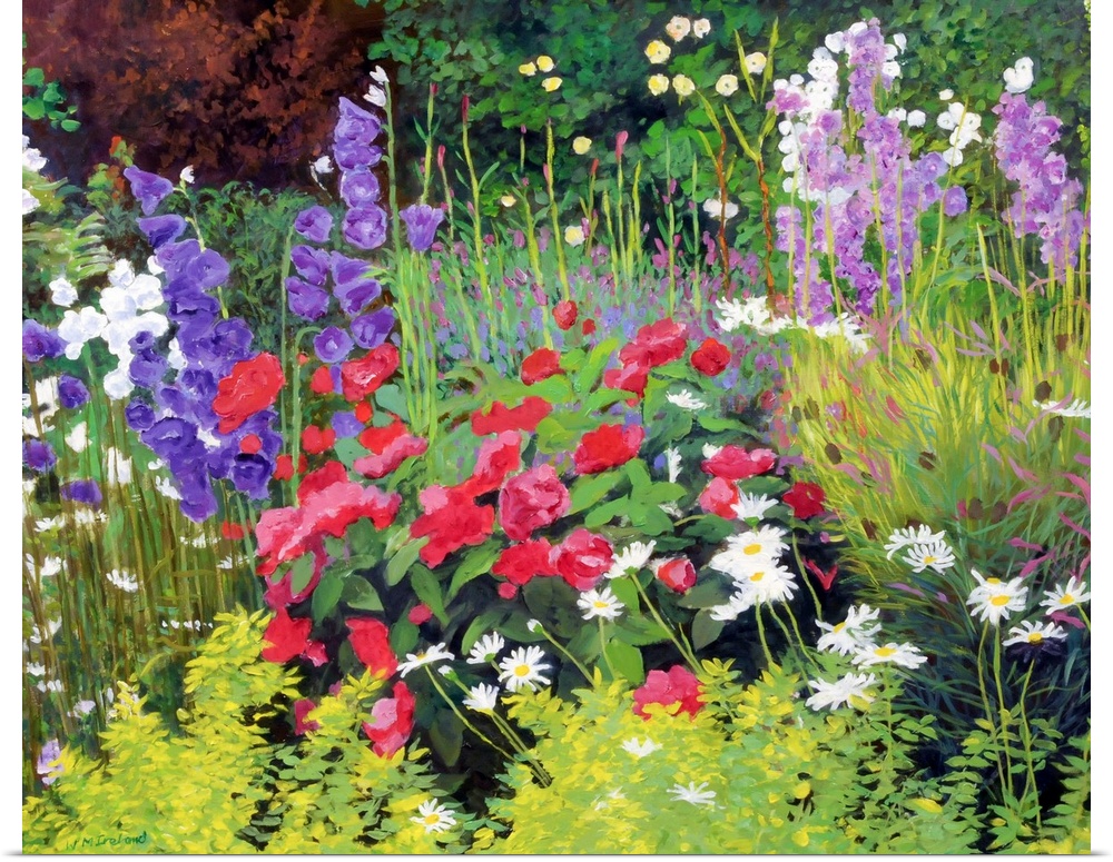 Horizontal , floral painting of many types of colorful, blooming flowers in a flower garden, surrounded by lush, green fol...