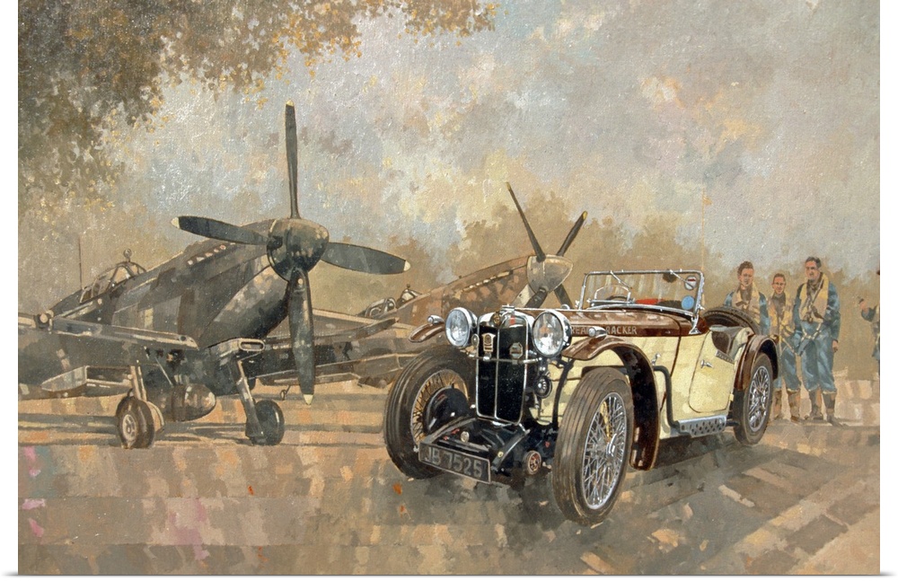 Artwork of a classic car that is parked in front of two military aircrafts as the pilots stand behind and admire the car.