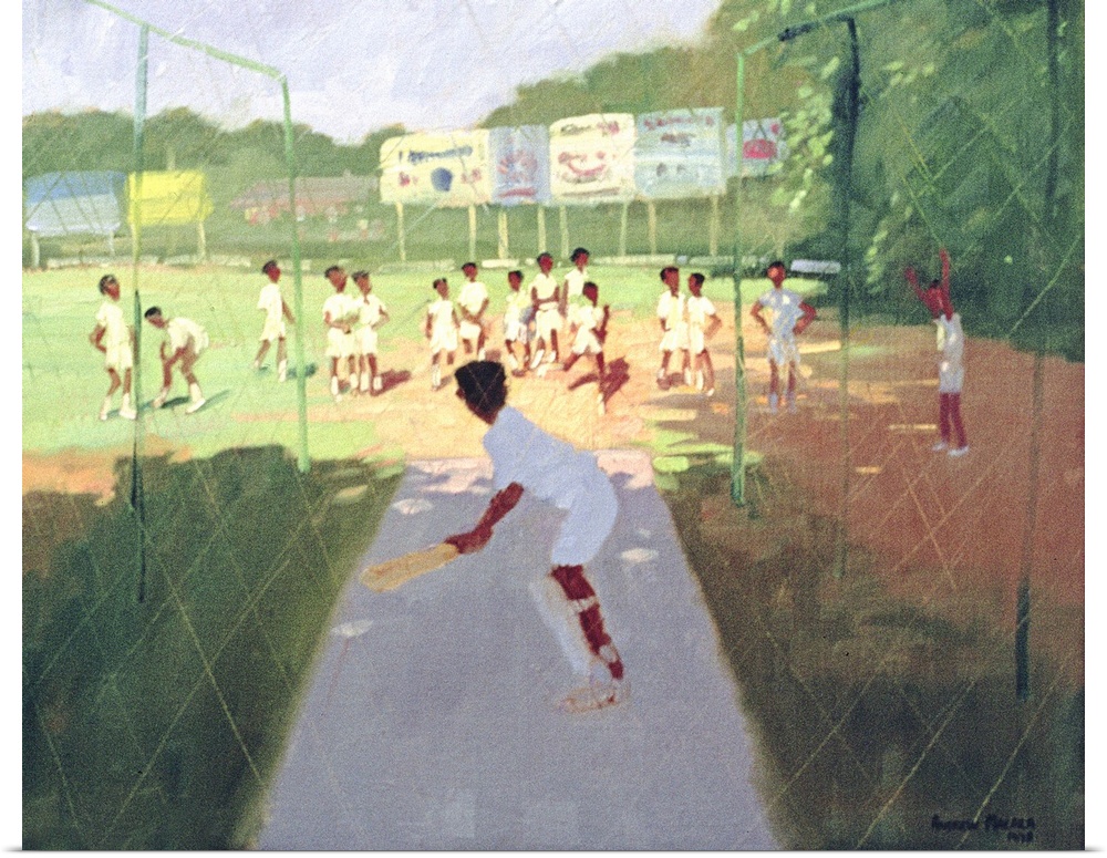 Contemporary painting of schoolchildren playing cricket.