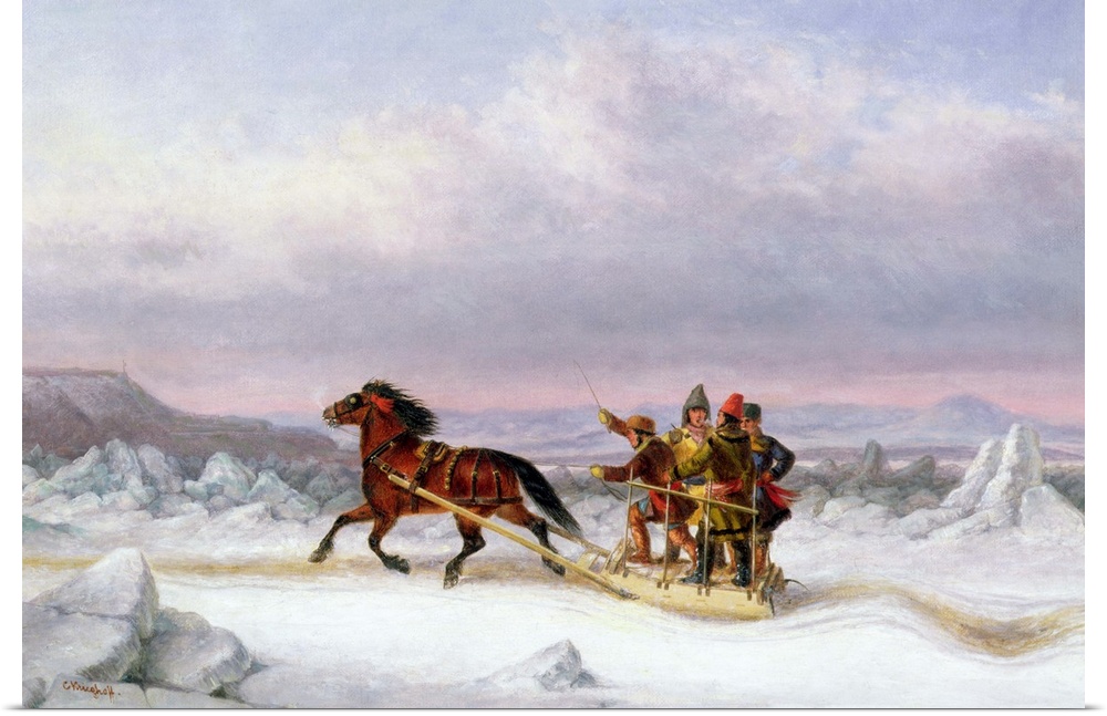 BAL43348 Crossing the St. Lawrence from Levis to Quebec on a Sleigh (oil)  by Krieghoff, Cornelius (1815-72); Private Coll...