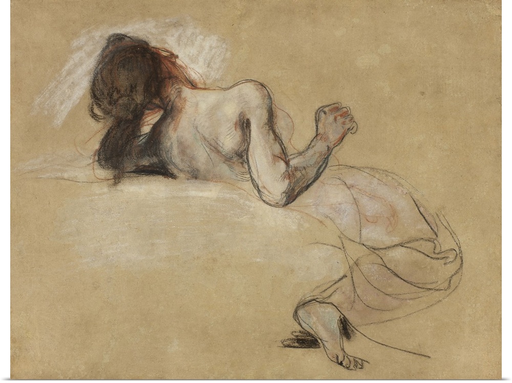 Crouching woman, 1827, black and red chalk, with pastel, heightened with white chalk, over wash, on tan wove paper.