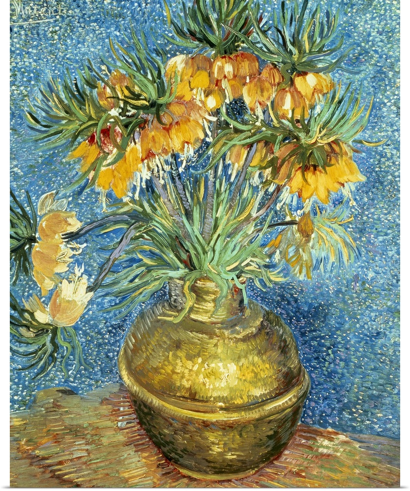 Vertical, classic art painting in thick brushstrokes of a bouquet of drooping yellow flowers in a copper vase, on a table.
