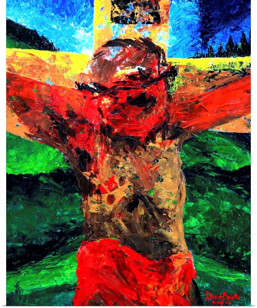 Contemporary religious painting of Christ on the cross.