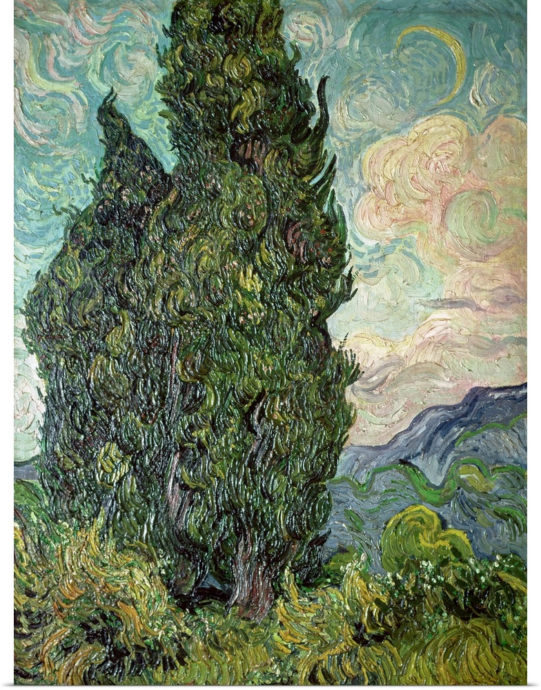 Oil painting of huge tree with mountains and clouds in the distance.  The painting consists of swirled brush strokes to cr...