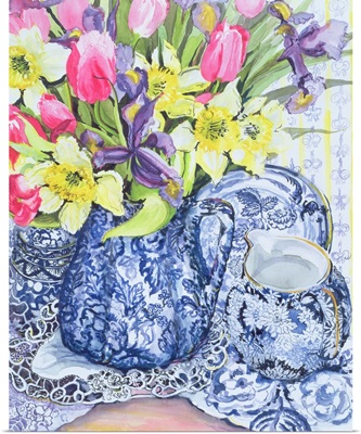 Daffodils, Tulips and Irises with Blue Antique Pots