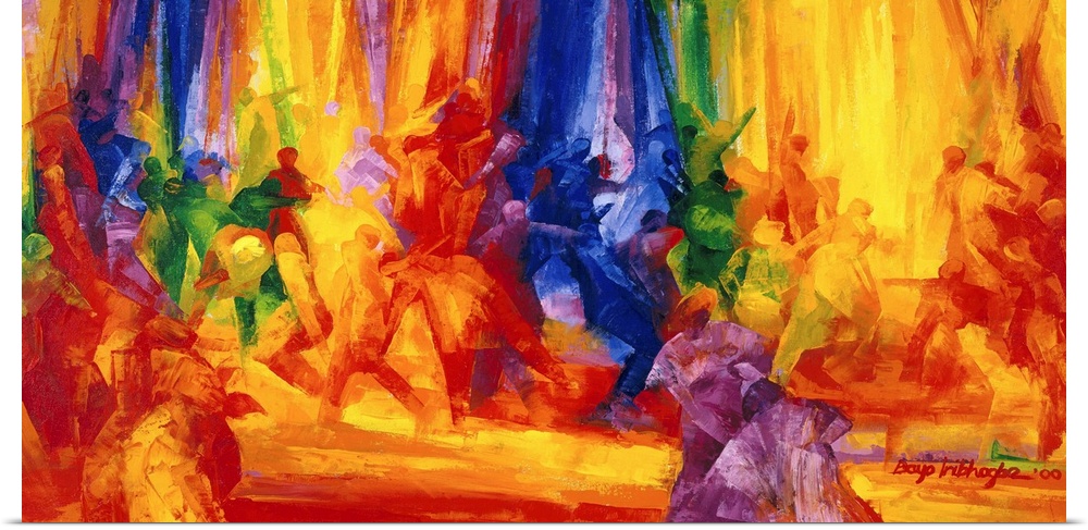 Large contemporary canvas art showing a number of dancers that are represented in a variety of vibrant and intense colors.