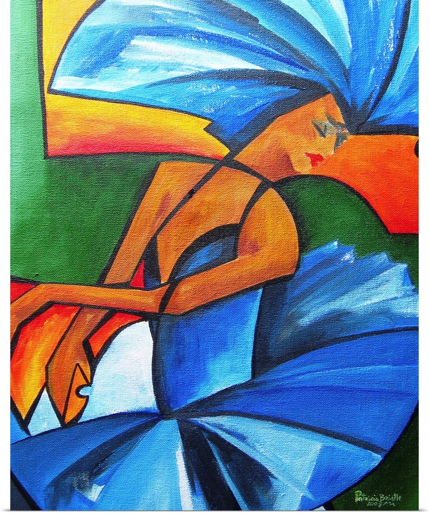 Contemporary abstract painting of a dancer in a blue costume.