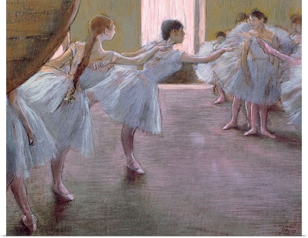 Landscape classic painting on a big canvas of a large group of ballet dancers as they practice together in a studio.
