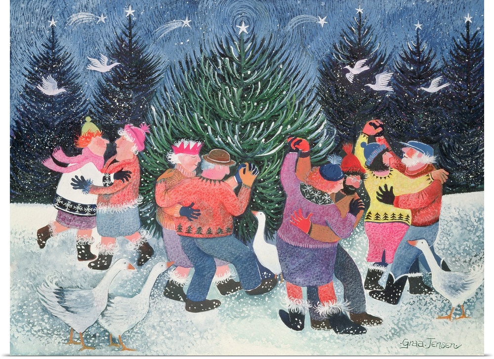 Contemporary painting of couples dancing around a tree in the winter.