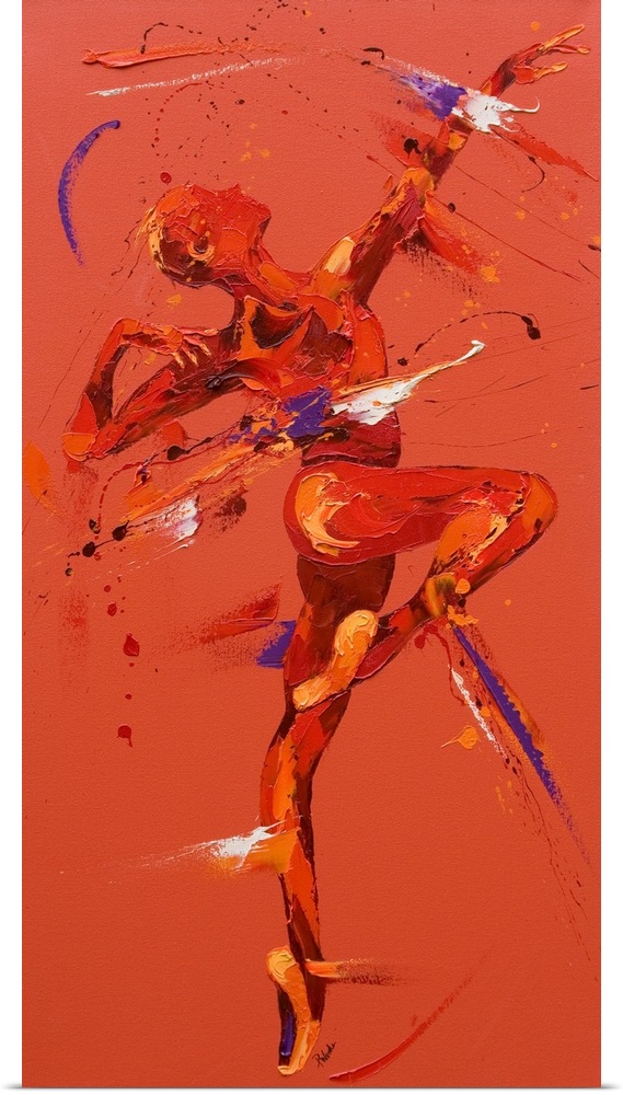 Contemporary painting using warm red tones to create a dancing figure.