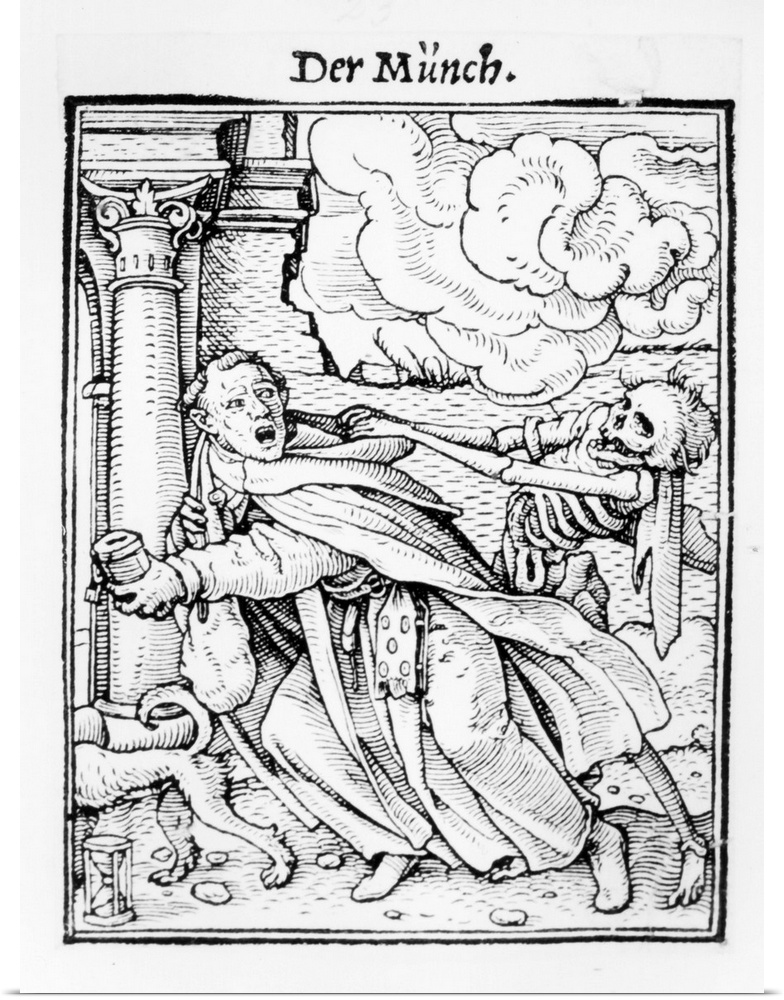 XJF143251 Death and the Mendicant Friar, from 'The Dance of Death', engraved by Hans Lutzelburger, c.1538 (woodcut) (b/w p...