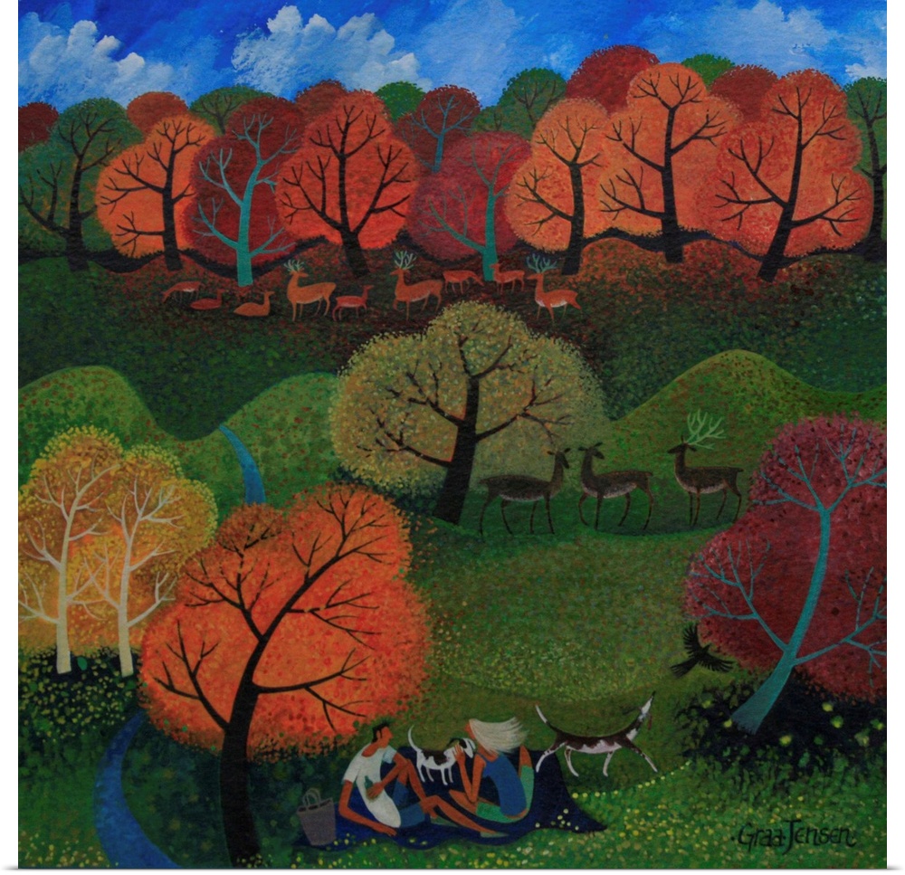 Contemporary painting of a herd of deer in an autumn forest.
