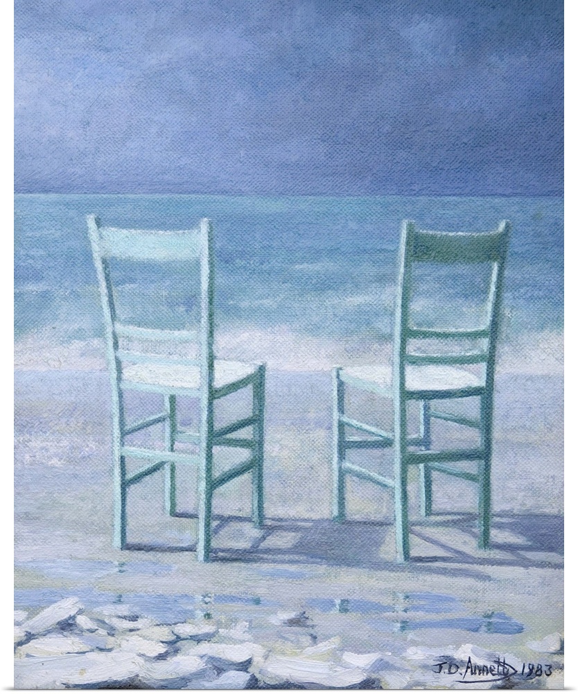 Contemporary painting of two table chairs sitting on a beach facing the sea.