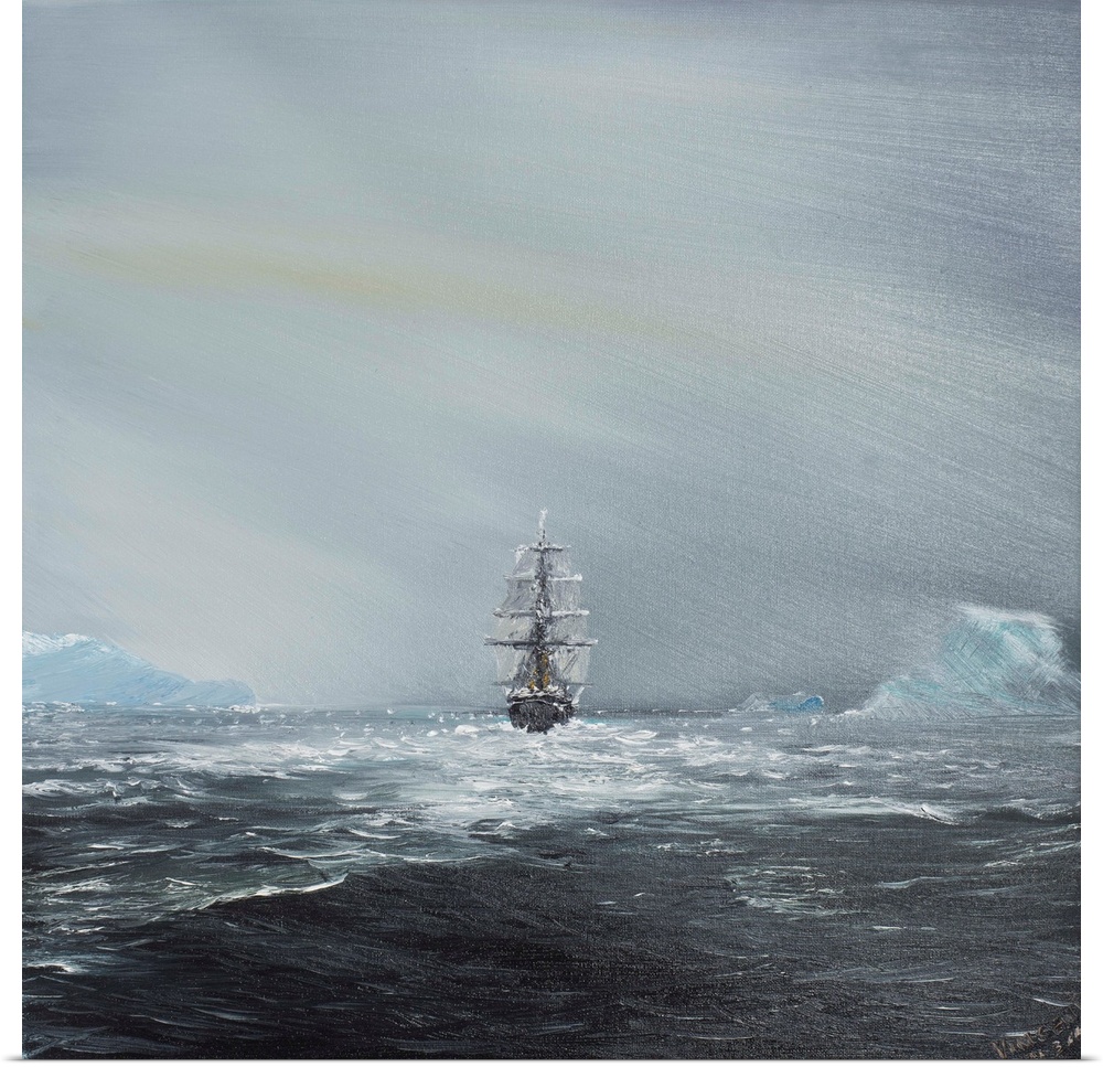 Contemporary painting of a military ship on rough seas.