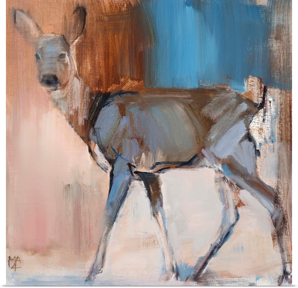 Contemporary artwork of a deer against a earth toned background.