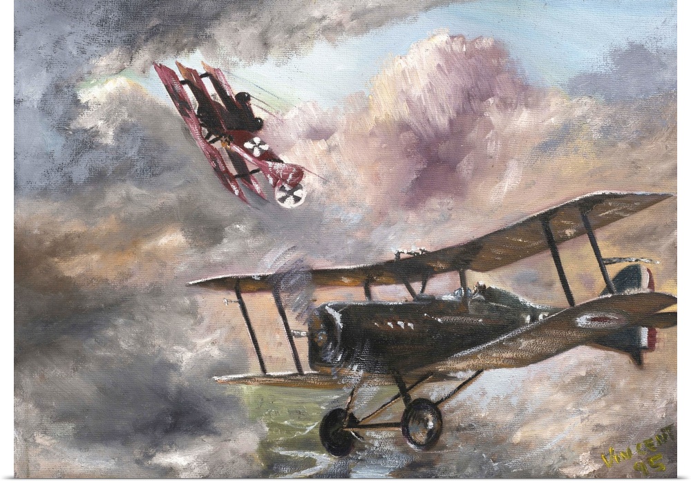 Contemporary painting of a military airplanes in a dogfight.