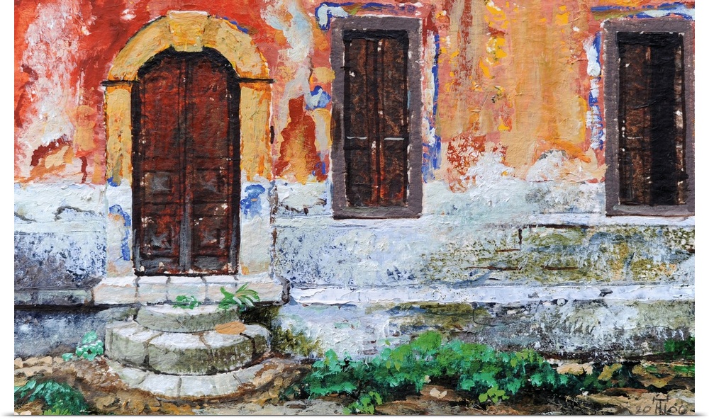 Realistic painting of the side of a weathered building in Greece with an arched door and two shuttered windows.