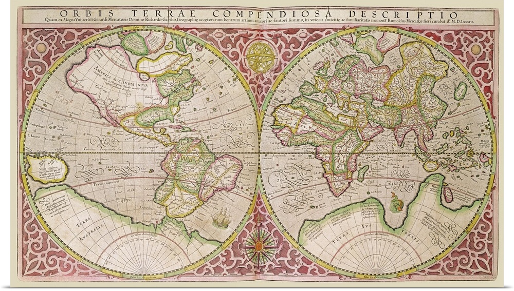 XCF291083 Double Hemisphere World Map, 1587 (coloured engraving)  by Mercator, Gerard (1512-94); Private Collection; (add....