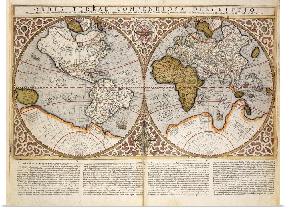 Large horizontal wall hanging of a vintage, double hemisphere world map from the year 1587, on a parchment background with...