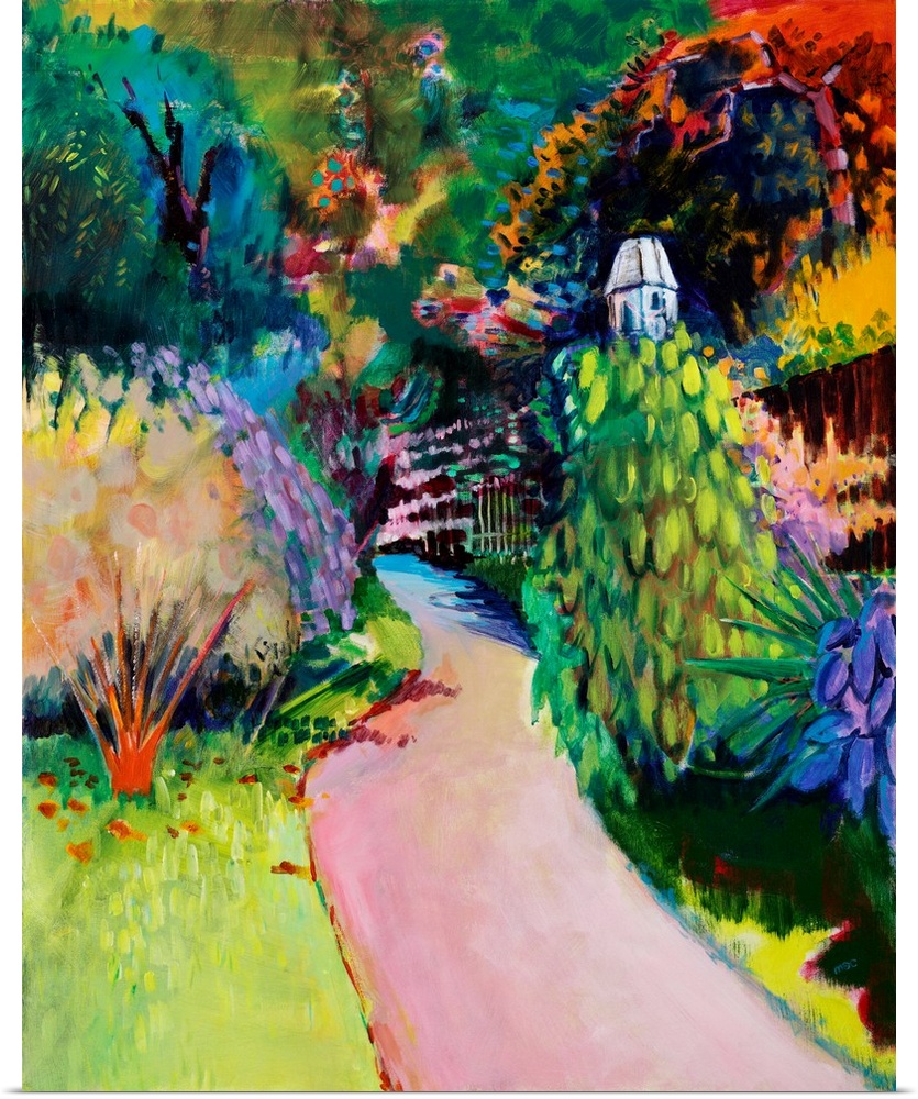 Contemporary painting of a path leading into a vibrant colorful garden.