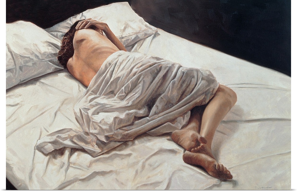 Oil painting on canvas of a woman laying in the middle of a bed with sheets draped around her waist.