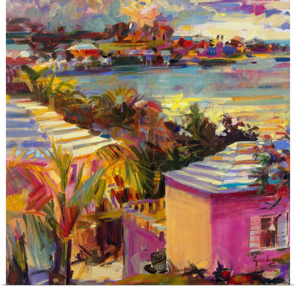 Big, square painting of beach homes surrounded by palm trees, along the coastline in Bermuda.  Painted with thick, harsh b...