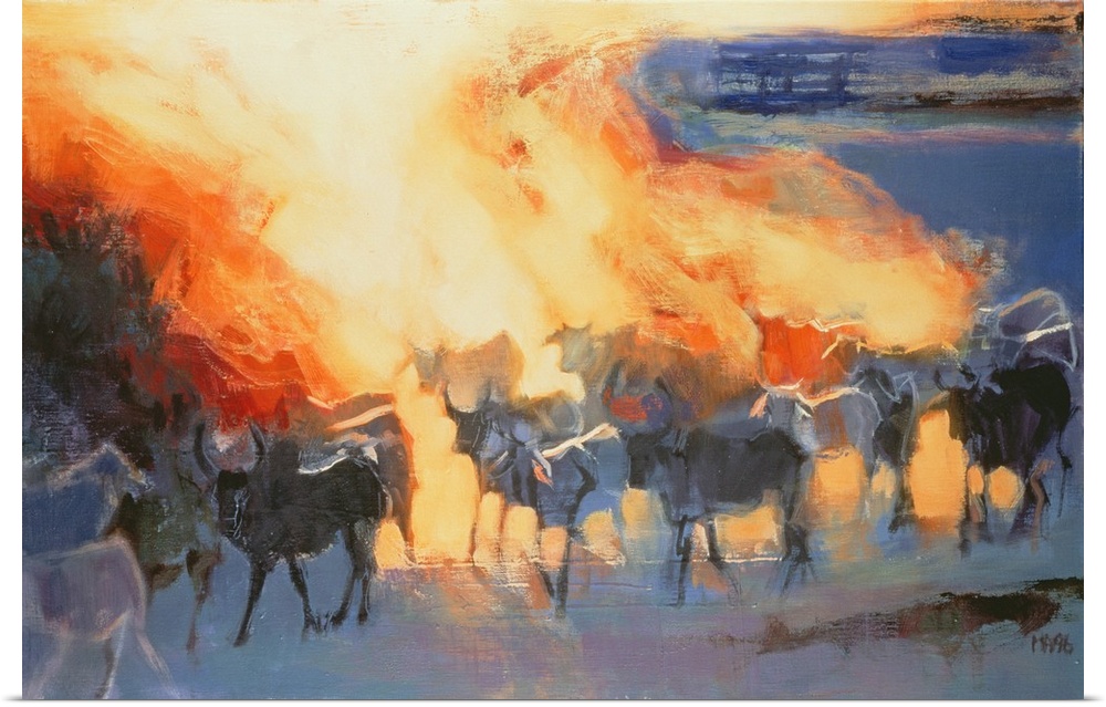 Contemporary painting of a herd of cattle kicking up dust.