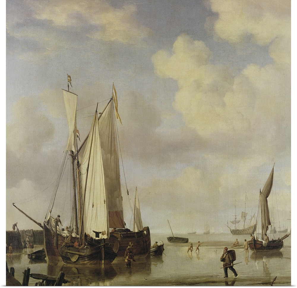 XCF286408 Dutch Vessels Inshore and Men Bathing, 1661 (oil on canvas)  by Velde, Willem van de, the Younger (1633-1707); 6...