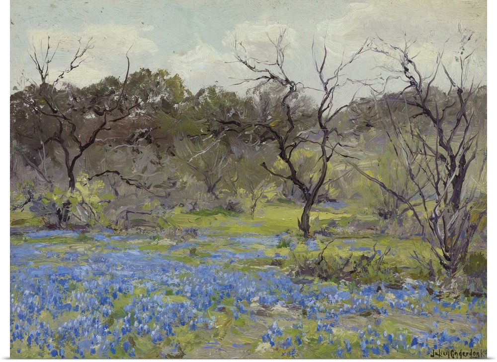 Early Spring Bluebonnets And Mesquite, 1919 (Oil On Wood)