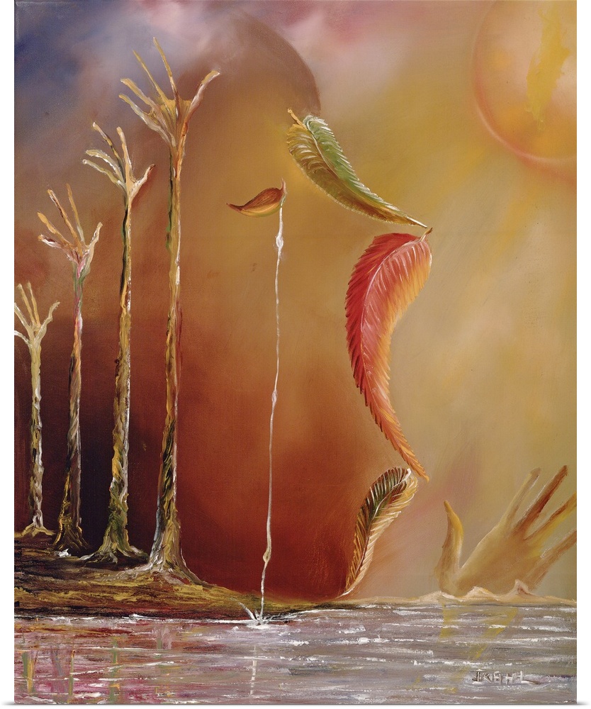 Contemporary oil painting of water in the shape of four hands reaching upward.  Leaves falling down create the outline of ...