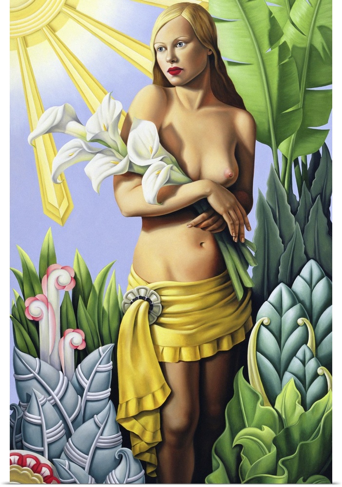Contemporary art deco-style painting of a woman holding lilies in a garden.