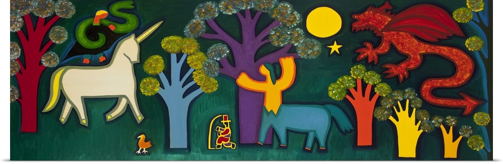 Contemporary painting of a centaur in a magical garden with a dragon and unicorn.
