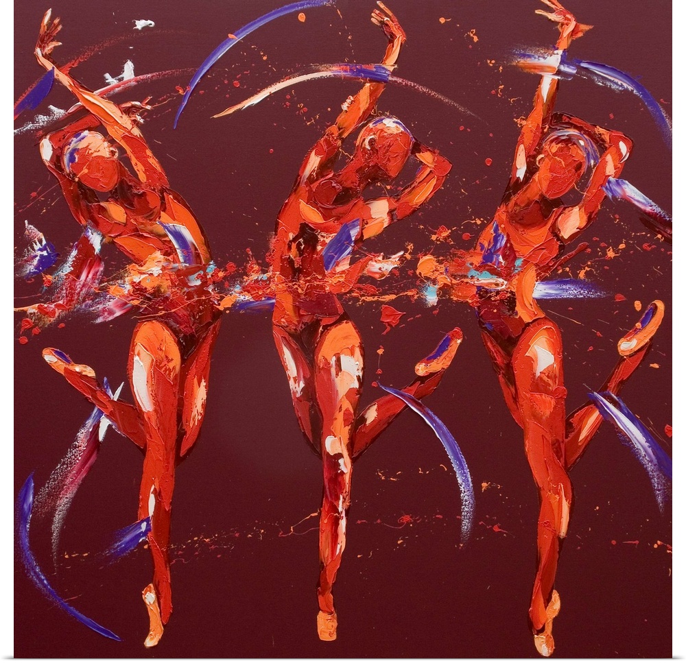Contemporary painting using deep warm colors to create three women dancing against a dark red background.