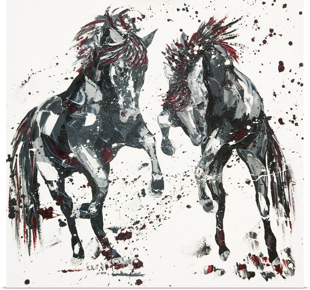 Contemporary painting of two leaping horses in shades of black with red.