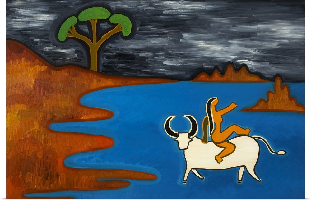 Contemporary painting of a woman riding a bull in the ocean, the myth of Europa.