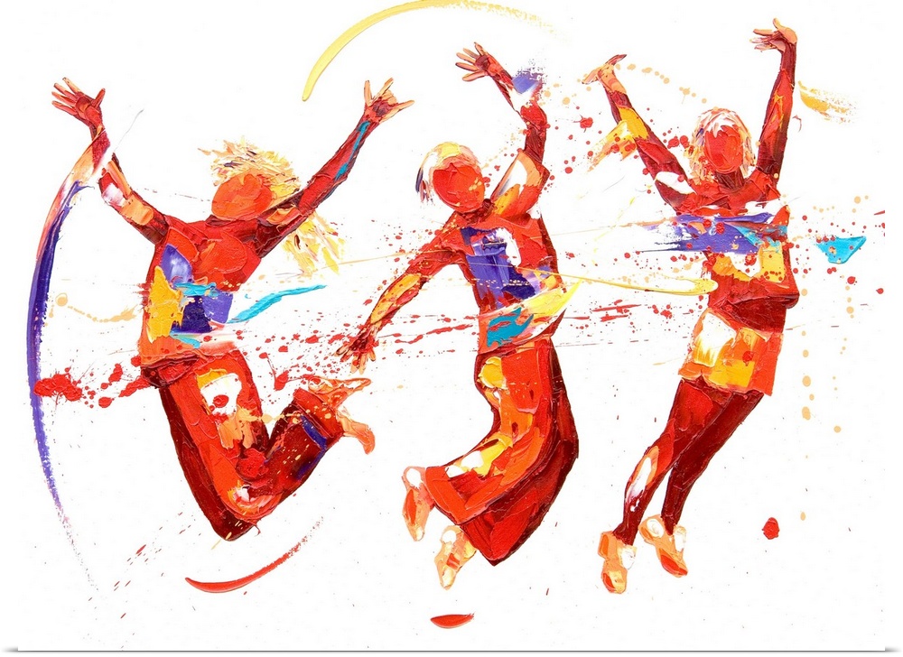 Contemporary painting using deep warm tones to create three dancers leaping into the air against a white background.