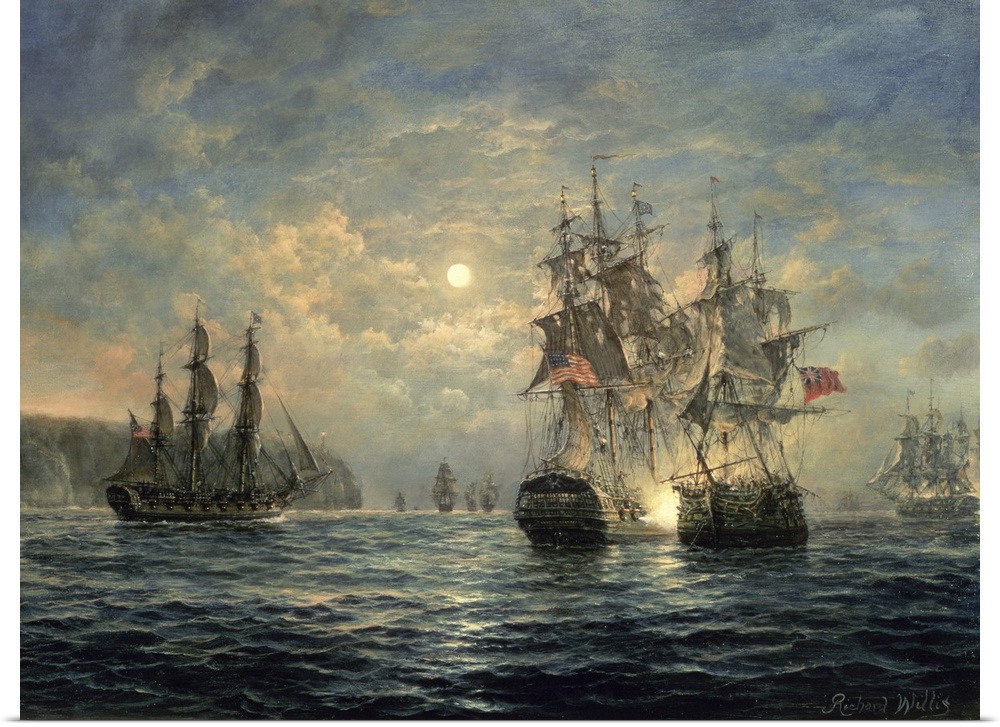 Large wooden ships sail in the rough ocean water under a cloud filled sky with the sun poking through.