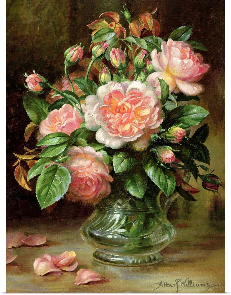 A classic piece of artwork that has a bouquet of roses painted inside a glass vase. Several petals have fallen onto the su...