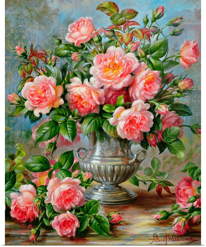 A classic piece of artwork that shows pink roses pouring out of a silver antique vase with some flowers sitting on the table.