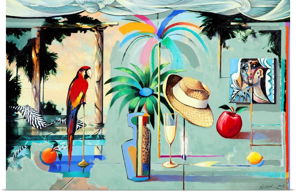 Contemporary painting of the interior of a tropical island bungalow.