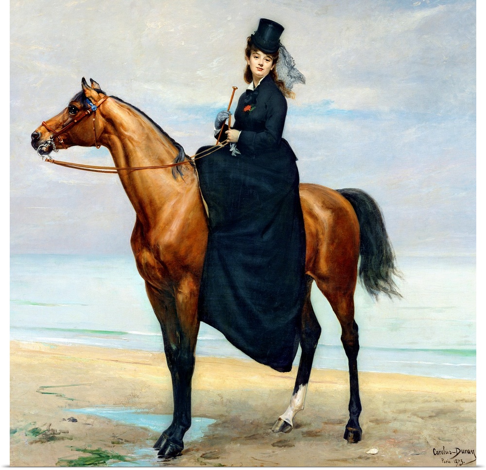 Large painting of a woman sitting on a horse along the ocean.
