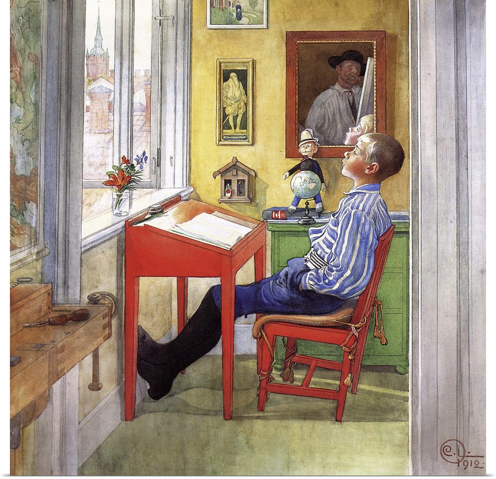Esbjorn Doing his Homework, 1912 (w/c, gouache and pencil on paper on canvas)