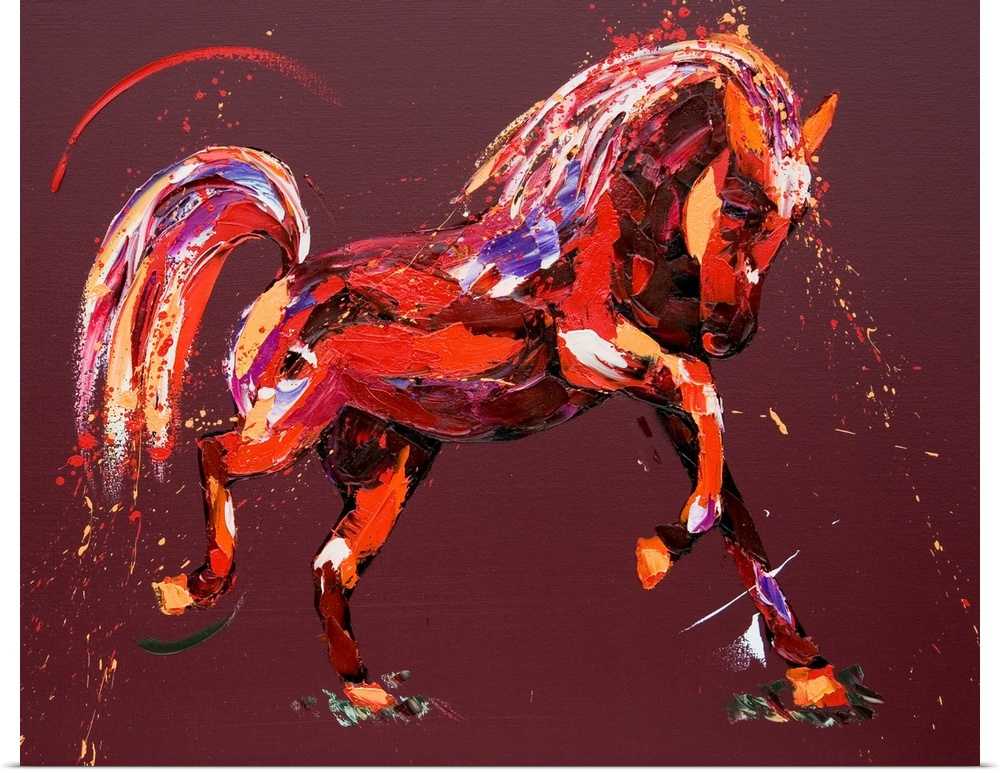 Contemporary painting of a horse using warm colors.