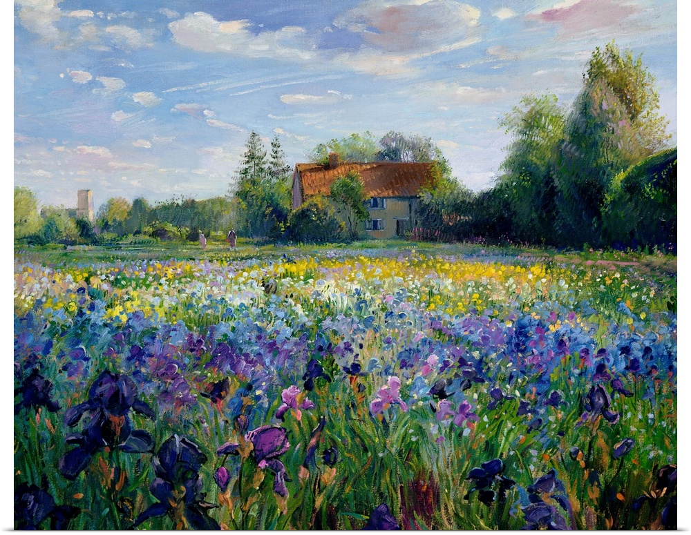 Painting of house surrounded by trees with forest in the background and colorful flower meadow in the foreground.
