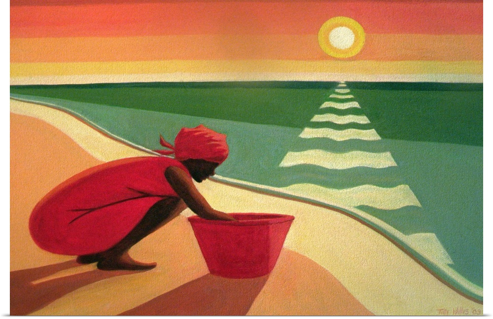 Oversized, horizontal, African American painting of a woman crouched down along the shore, reaching into a bucket.  The su...