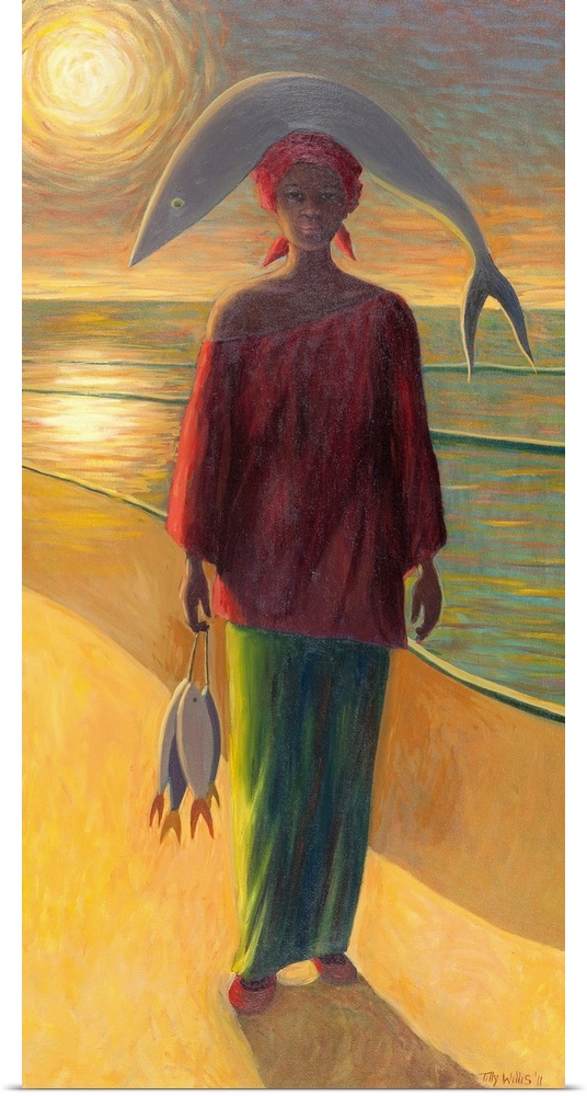 Oil painting of woman standing on beach balancing a fish on her head with a string of dead fish in her hand.  The ocean is...