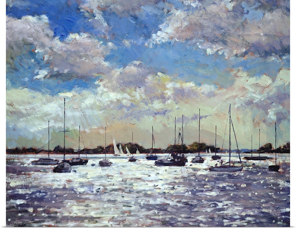 Contemporary art painting of sailboats on the water as the late evening sun shines down between the clouds.