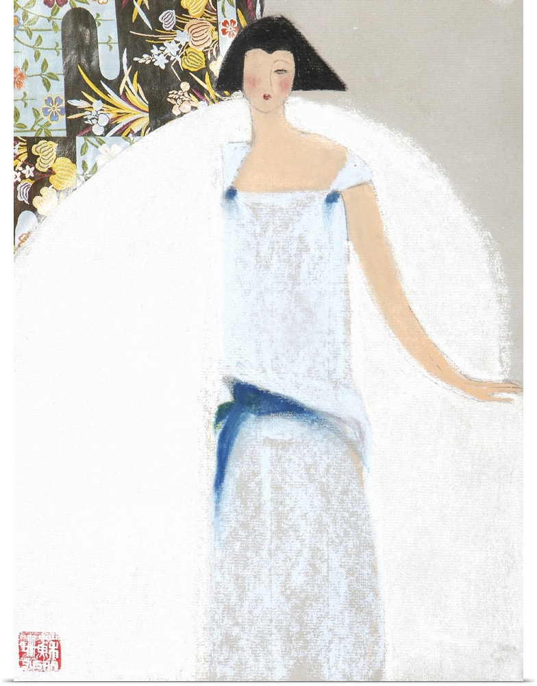 Contemporary painting of a woman in a pale blue dress.