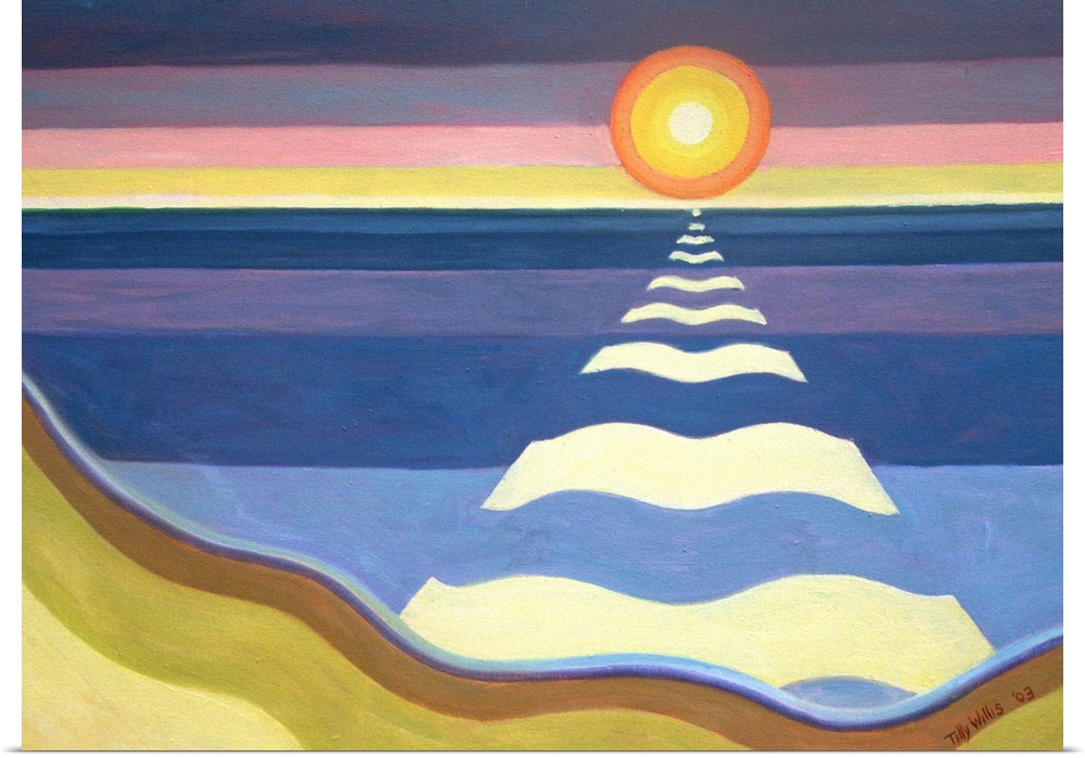An oil painting of a setting sun creating a pathway from it's rays on to the water and beach.