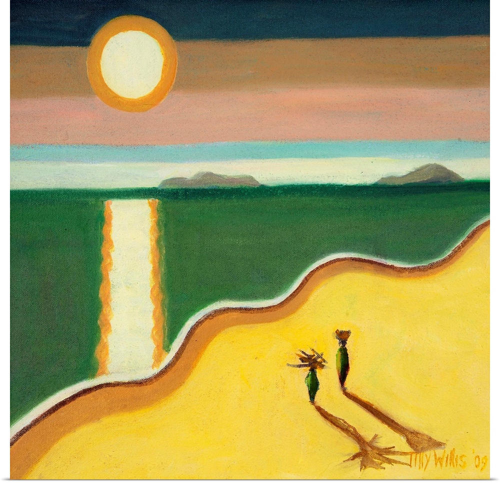 Contemporary artwork of two figures on the beach with the sun reflected in the ocean.